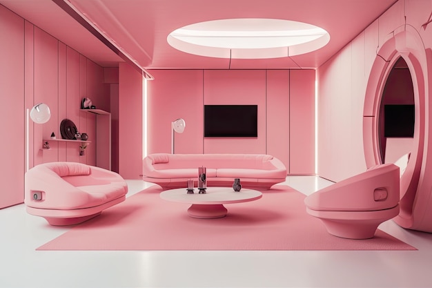 Camera rosa futuristica con mobili eleganti e design minimalista