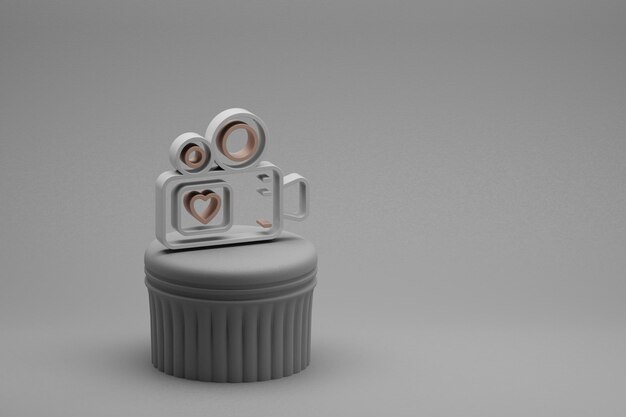 Camera video meravigliosa con icone di simboli di cuore su un supporto di colonna e sfondo in cemento rendering 3D