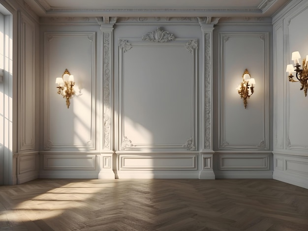 Camera vuota bianca con modanature in stucco e sconce stile interno classico