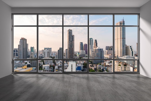 Camera vuota interni grattacieli vista Bangkok Downtown City Skyline edifici da High Rise Window Bella proprietà costosa con vista tramonto rendering 3d