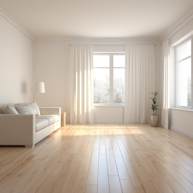 Camera vuota luminosa con divano bianco e pianta vicino alla finestra