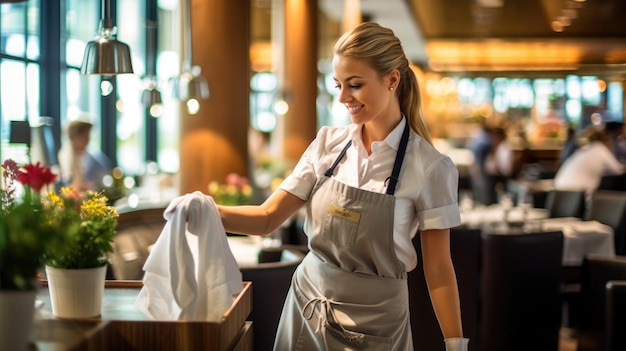 Cameriera che pulisce i tavoli in un ristorante