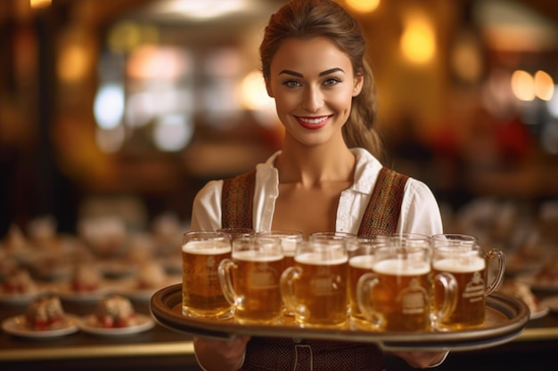 Cameriera di bar della giovane donna di Oktoberfest che tiene birra ai generativa