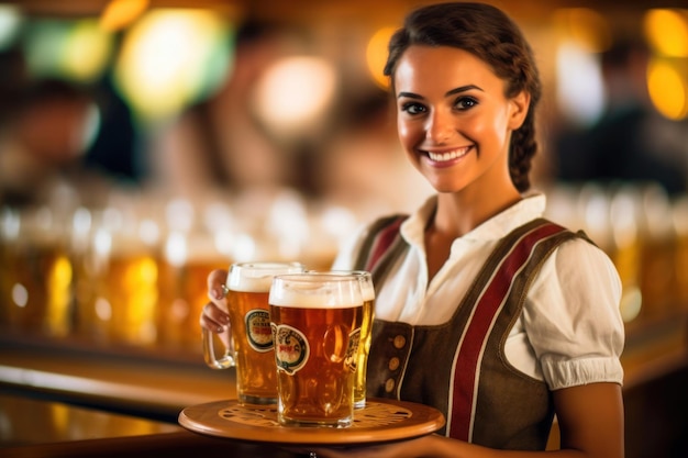 Cameriera di bar della giovane donna di Oktoberfest che tiene birra ai generativa