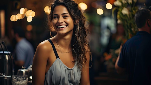 Cameriera felice che prepara caffè fresco per un cliente in una caffetteria