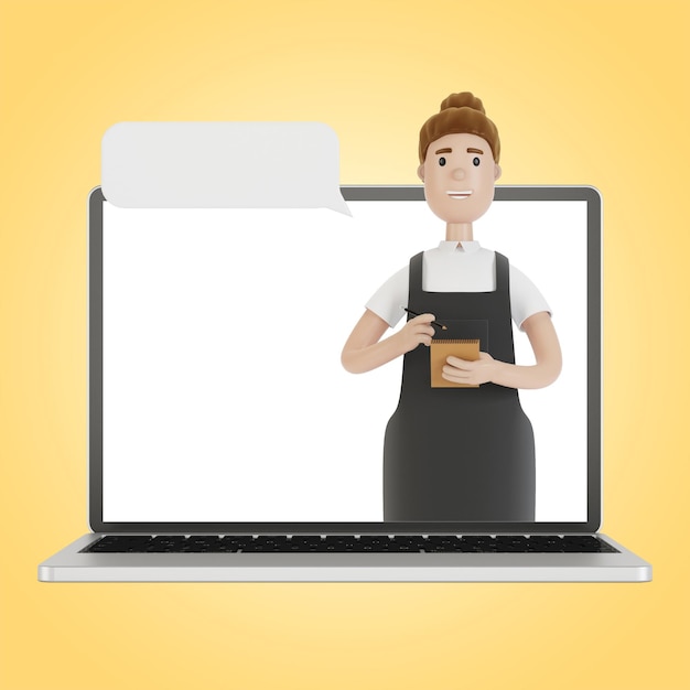 Cameriere allo schermo del laptop Concetto di consegna online dal ristorante Illustrazione 3D in stile cartone animato