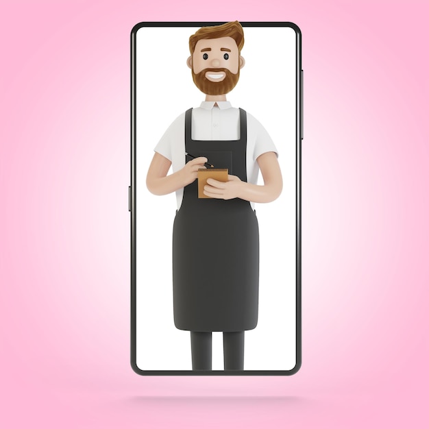 Cameriere allo schermo dello smartphone Concetto di consegna online dal ristorante Illustrazione 3D in stile cartone animato