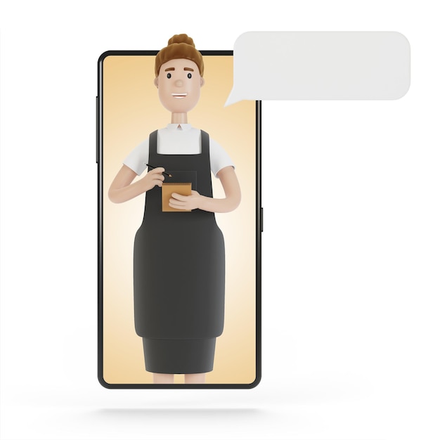 Cameriere allo schermo dello smartphone Concetto di consegna online dal ristorante Illustrazione 3D in stile cartone animato