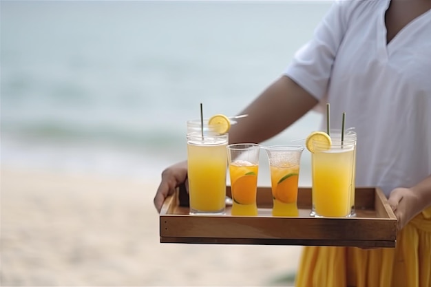 Cameriere che porta bevande fredde sulla spiaggia Felice vacanza estiva spensierata IA generativa