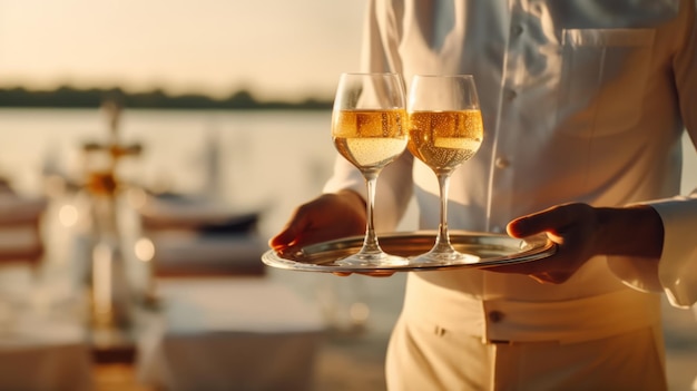 Cameriere che serve champagne, volto irriconoscibile, focus sul vassoio dello champagne Summer Beach