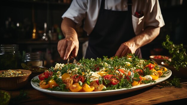 Cameriere che serve insalata di verdure fresche in un ristorantegenerativo ai