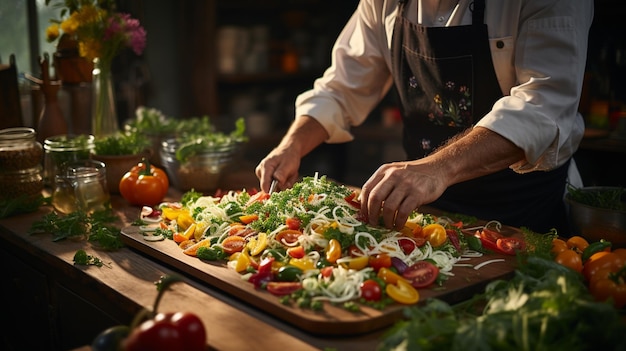 Cameriere che serve insalata di verdure fresche in un ristorantegenerativo ai