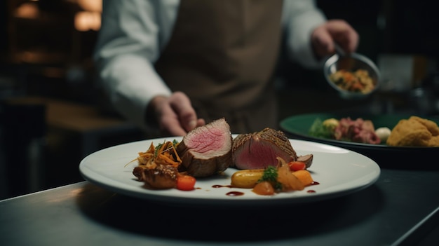 Cameriere che trasporta piatti con piatto di carne in occasione di una festa festiva o di un ricevimento di nozze