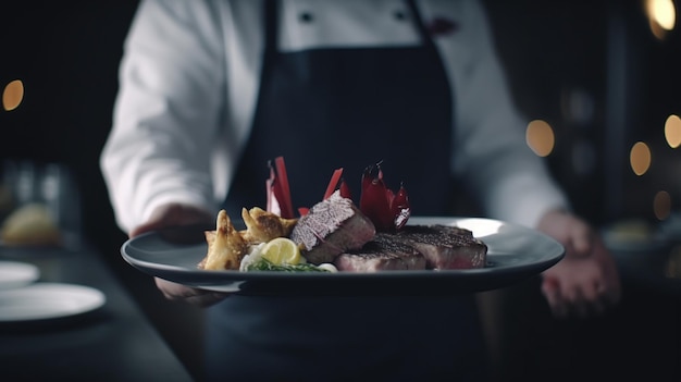 Cameriere che trasporta piatti con piatto di carne in occasione di una festa festiva o di un ricevimento di nozze