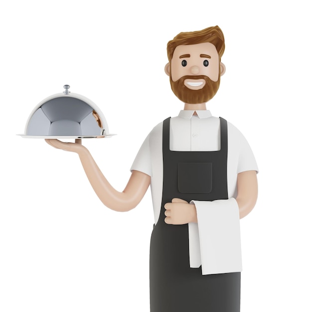 Cameriere con un vassoio illustrazione 3D in stile cartone animato