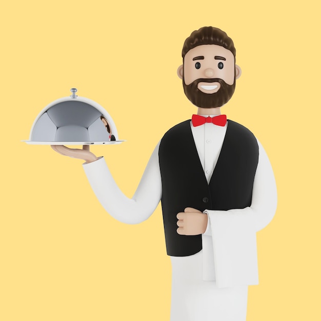 Cameriere del fumetto con un'illustrazione 3D del vassoio