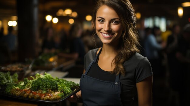 Cameriere sorridente del ristorante con il vassoio di cibo AI generativa