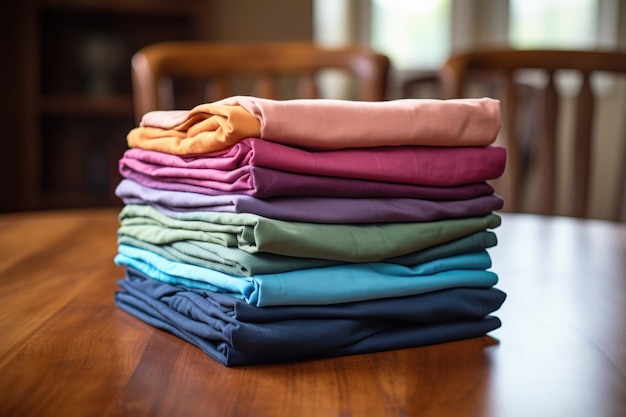 Camicie colorate ben piegate impilate su un tavolo