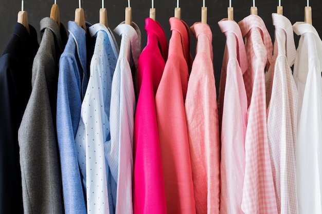Camicie colorate diverse appese in fila
