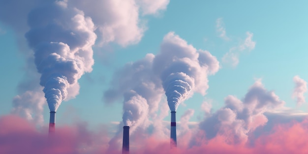 Camini di fabbrica con cielo blu e nuvole rosa