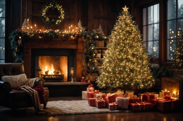 Camino decorato all'interno della stanza alla vigilia di Natale