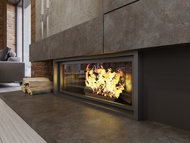 Camino di design in stile loft, focolare incorporato con fuoco ardente e legna da ardere. rendering 3D.