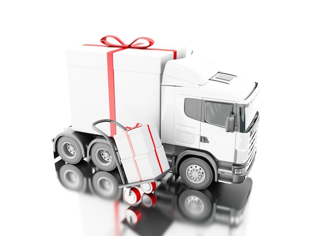 Camion 3d che consegna un contenitore di regalo con il carrello a mano