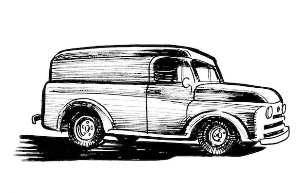 Camion americano d'epoca. Disegno a inchiostro in bianco e nero