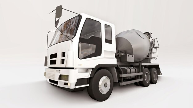 Camion betoniera con cabina bianca e miscelatore grigio su sfondo bianco. Illustrazione tridimensionale di attrezzature per l'edilizia. rendering 3D.