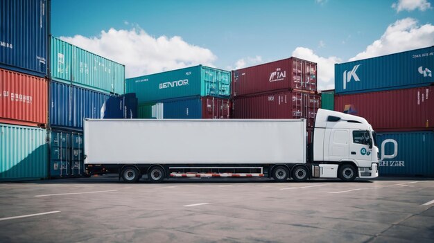 Camion bianco parcheggiato davanti ai container