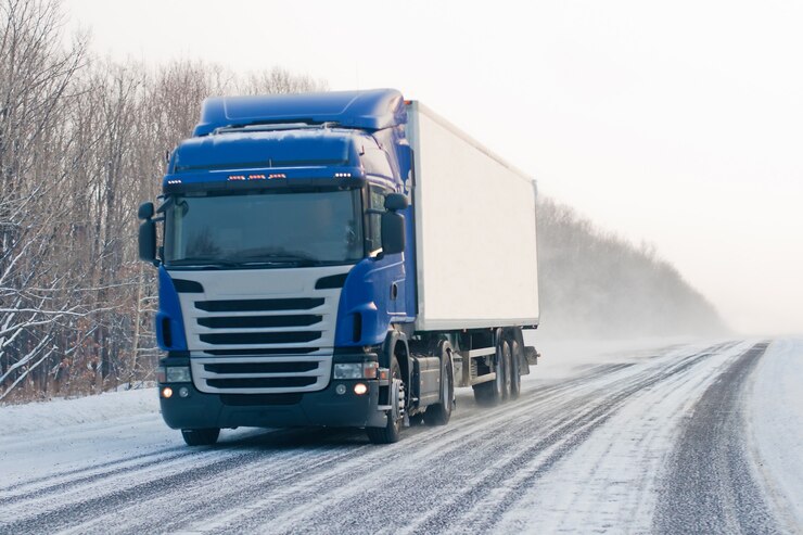 Camion blu su una strada invernale