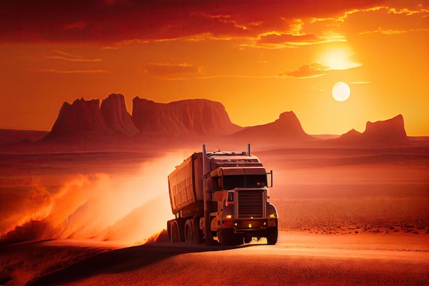 Camion carico che guida attraverso il deserto con il tramonto sullo sfondo