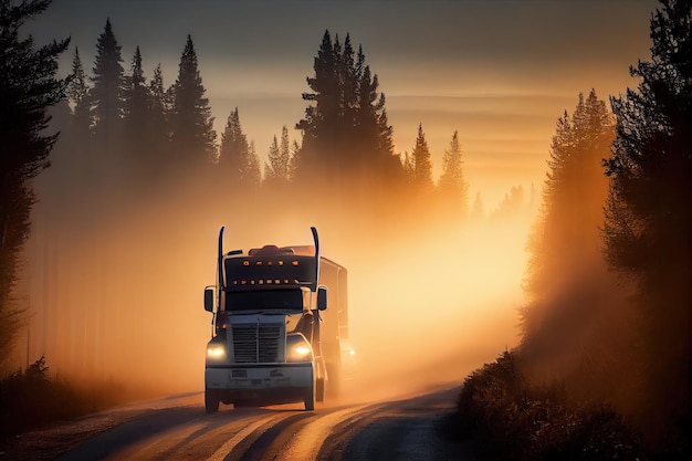 Camion che guida attraverso la foresta in mattinata nebbiosa con l'alba sullo sfondo