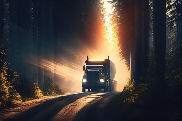 Camion che guida attraverso una fitta foresta con scorci di luce solare che brillano attraverso gli alberi