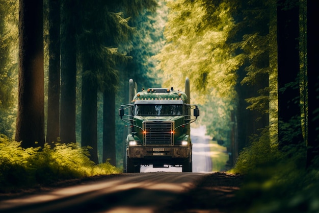 Camion che guida lungo la strada nel mezzo della foresta IA generativa