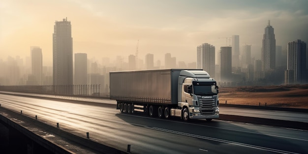 Camion che guida su strada con sfondo sfocato movimento paesaggio urbano IA generativa