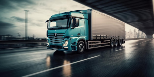 Camion che guida su strada con uno sfondo sfocato di movimento bellissimo paesaggio IA generativa