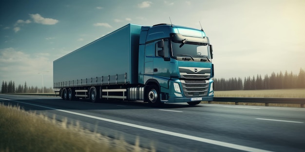 Camion che guida su strada con uno sfondo sfocato di movimento bellissimo paesaggio IA generativa