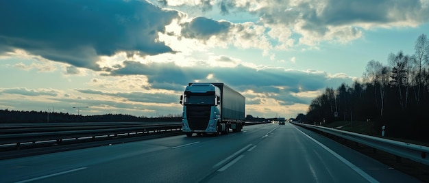 Camion che trasporta merci sull'autostrada al crepuscolo