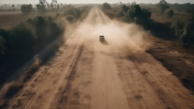 Camion che viaggia attraverso il polveroso entroterra australiano su una lunga strada sterrata con particelle di sabbia e polvere che galleggiano nell'aria