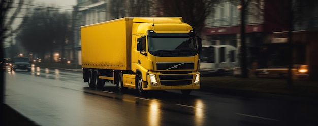 Camion con carico che guida su strada con sfondo sfocato movimento paesaggio urbano IA generativa