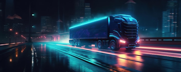 Camion con carico che guida su strada di notte con luci al neon sfocatura dello sfondo IA generativa