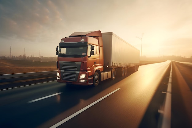 Camion con container per il trasporto di merci in autostrada