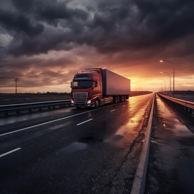 Camion con container su autostrada trasporto merci generativo ai