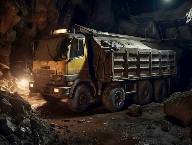 Camion con illuminazione artificiale che trasporta carbone nella miniera