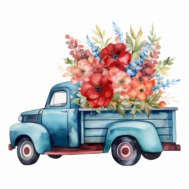 Camion d'epoca con fiori Acquerello disegnato a mano Clipart isolato su sfondo bianco ai generativo