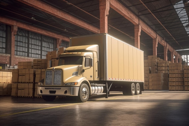 Camion da carico nel magazzino logistico del centro di distribuzione AI