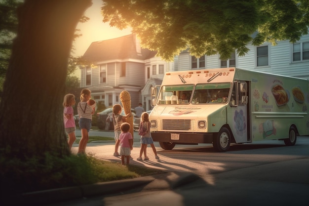 Camion dei gelati parcheggiato in una strada del quartiere con bambini in fila d'estate