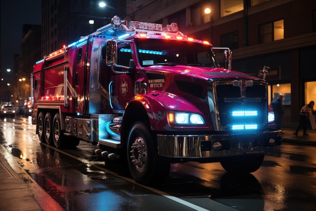 Camion dei pompieri in azione, sirene e luci lampeggianti IA generativa