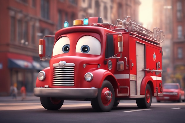 camion dei vigili del fuoco rosso con occhi animazione 3D stile Pixar stile Disney felice nelle strade della città divertente divertente